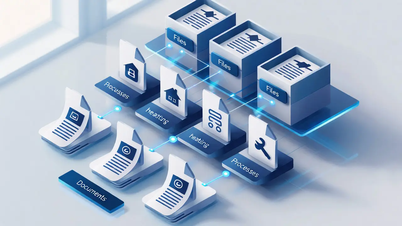 Isometrische Darstellung einer strukturierten digitalen Dokumentenhierarchie für Immobilien.