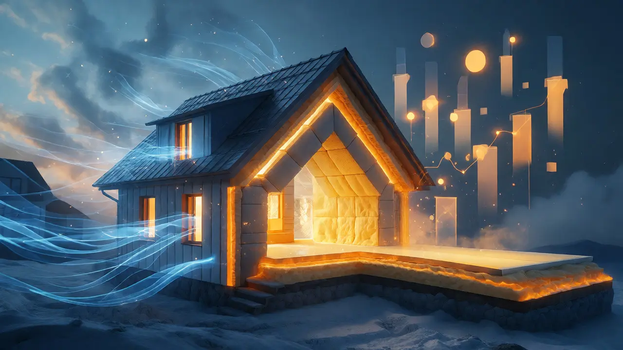 Konzeptionelle Darstellung eines gedämmten Hauses mit goldenem Energiespar-Effekt und steigendem Wert.