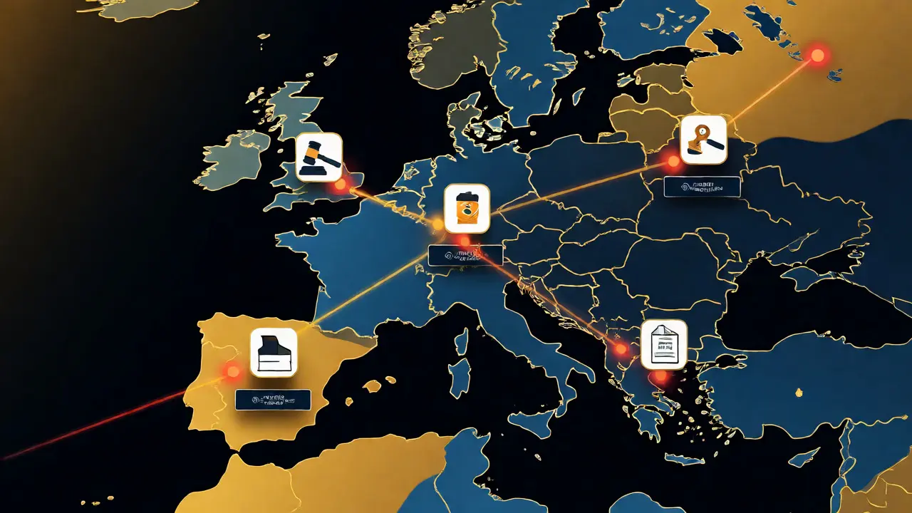 Konzeptuelle Darstellung europäischer Mietgesetze und steuerlicher Verbindungen.