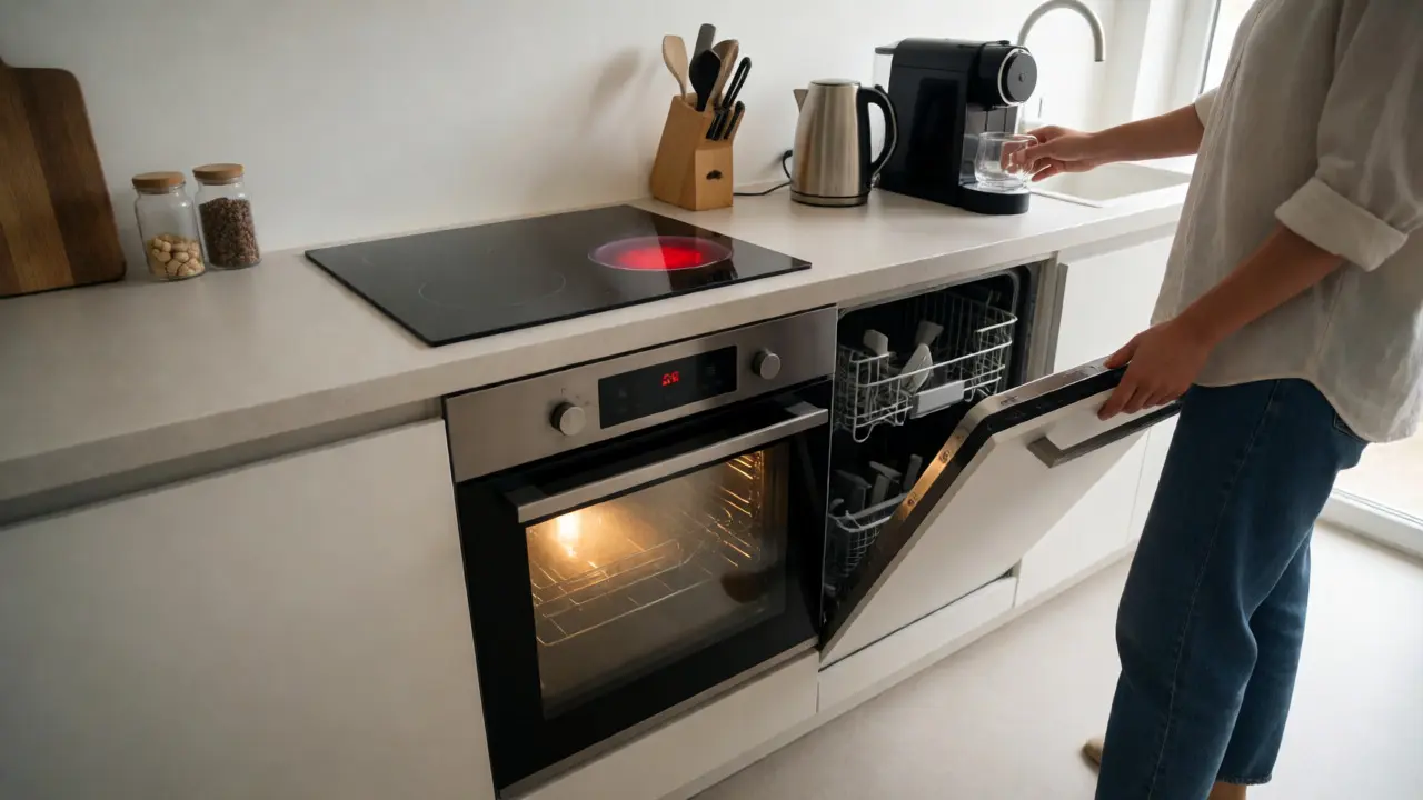 Moderne Küche mit gleichzeitig aktivem Induktionskochfeld, Backofen und Spülmaschine