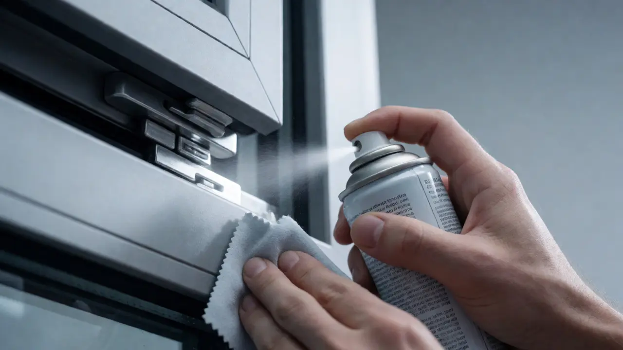 Nahaufnahme des Aufsprühens von Silikonspray auf ein Fensterbeschlag-Scharnier.
