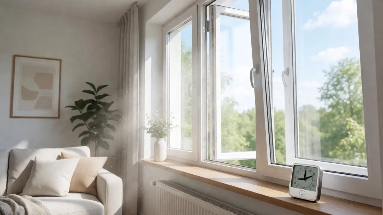 Offenes Fenster mit frischer Luftzufuhr und Hygrometer im Wohnraum