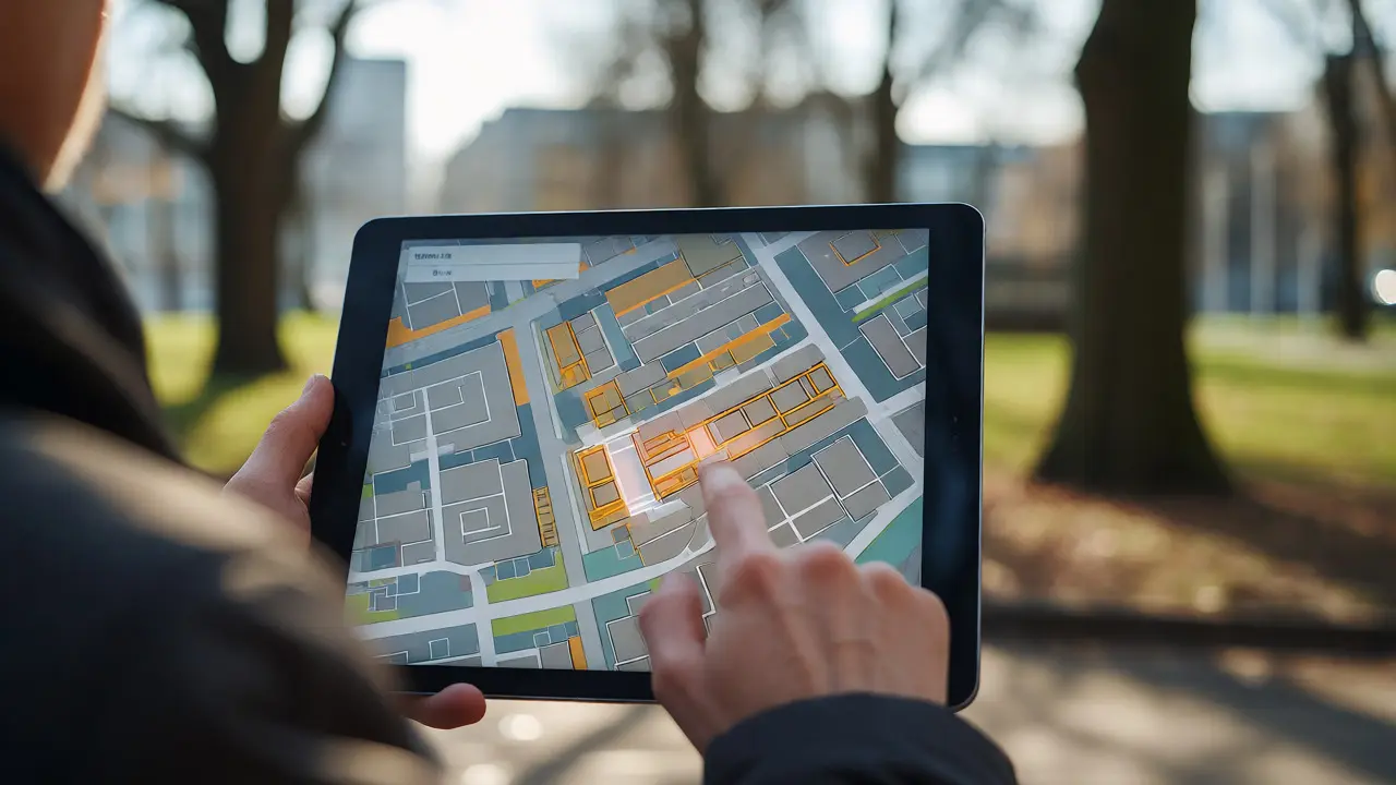 Person nutzt ein Tablet im Freien zur Analyse einer digitalen Immobilienkarte mit Parzellen