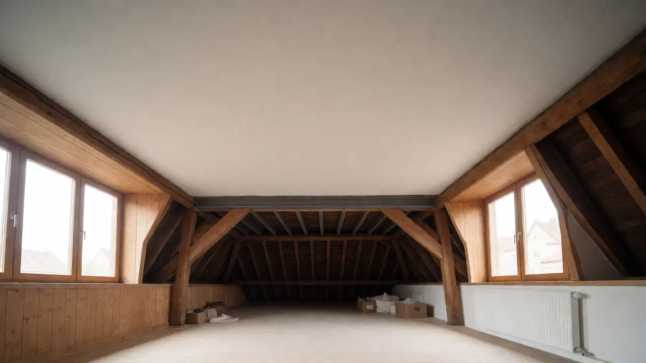 Renoviertes Dachgeschoss mit stabilisierten Deckenbalken und Stahlprofil