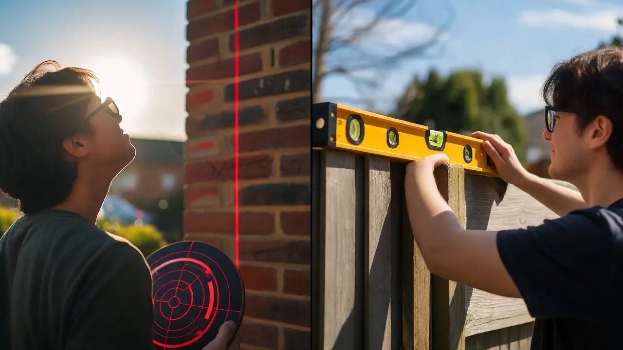 Vergleich: Schwierigkeiten mit rotem Laser bei Sonne vs. einfache Nutzung der Wasserwaage im Garten.