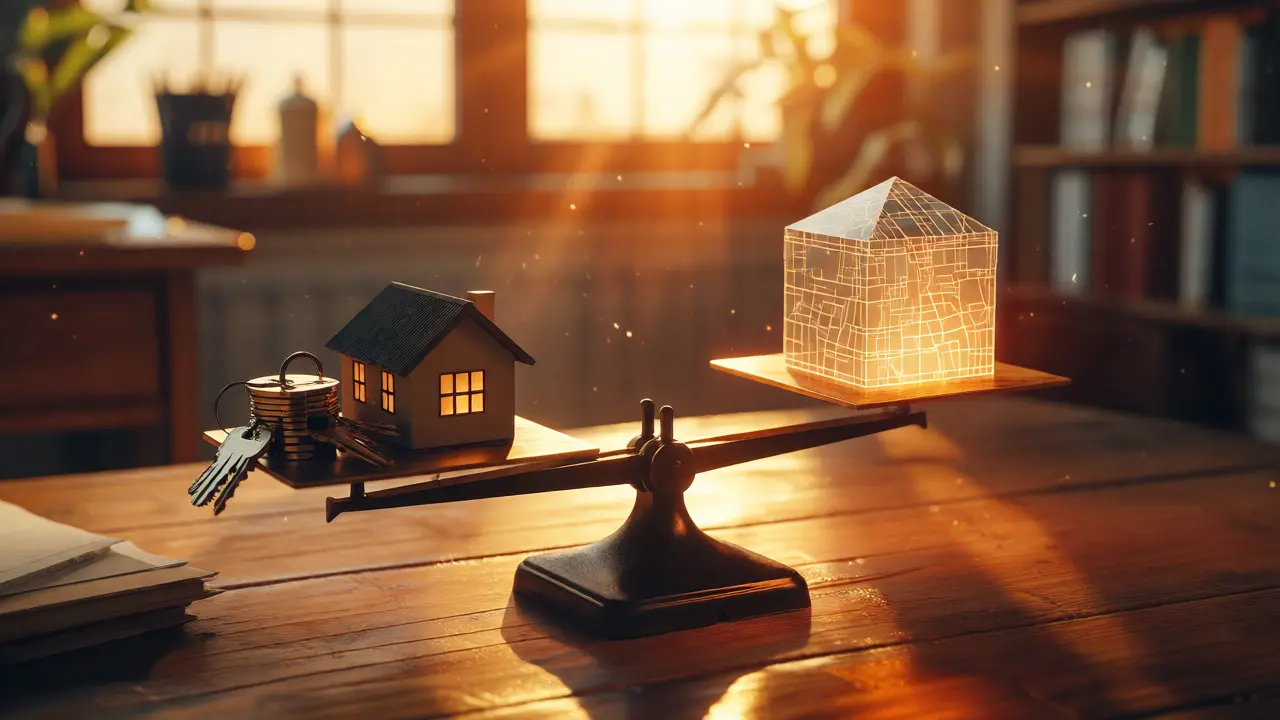 Waage symbolisiert den Unterschied zwischen Immobilienwert und amtlichem Bodenrichtwert