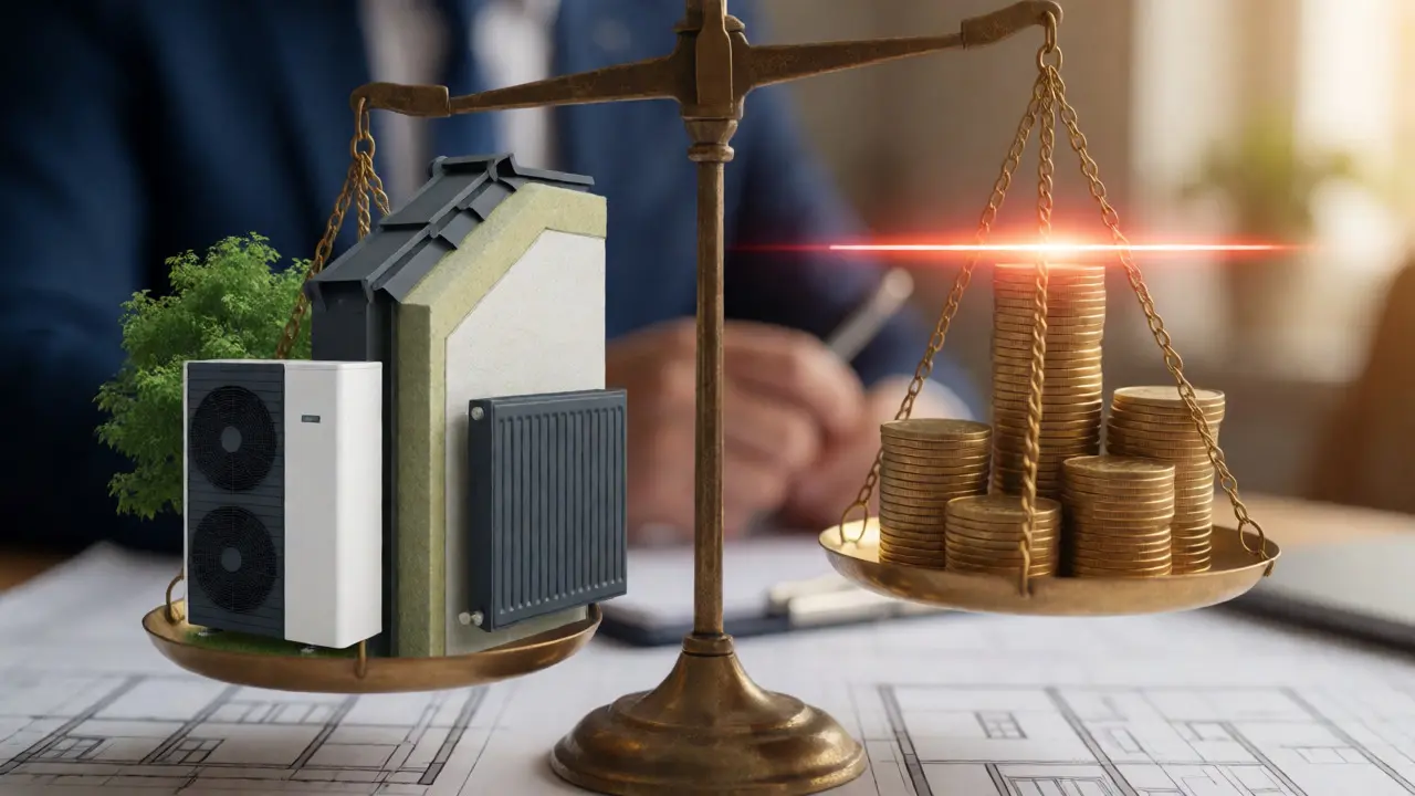 Waage zeigt Balance zwischen Modernisierungskosten und Mietpreisgrenzen.