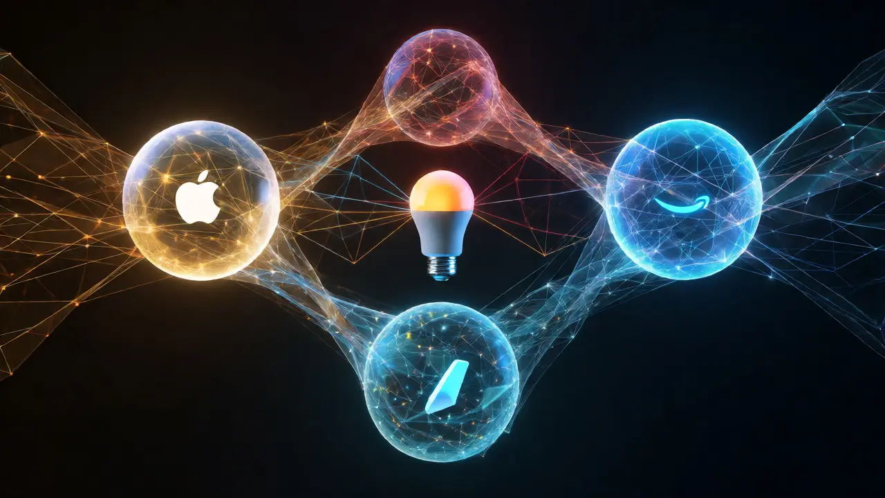 Abstrakte Darstellung des Matter-Standards, der verschiedene Smart-Home-Plattformen verbindet.
