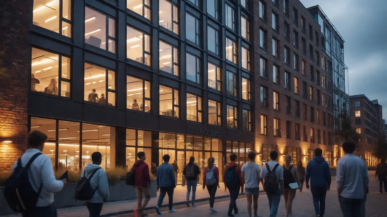 Beleuchtete Fassade eines Wohnheims für Studierende am Abend