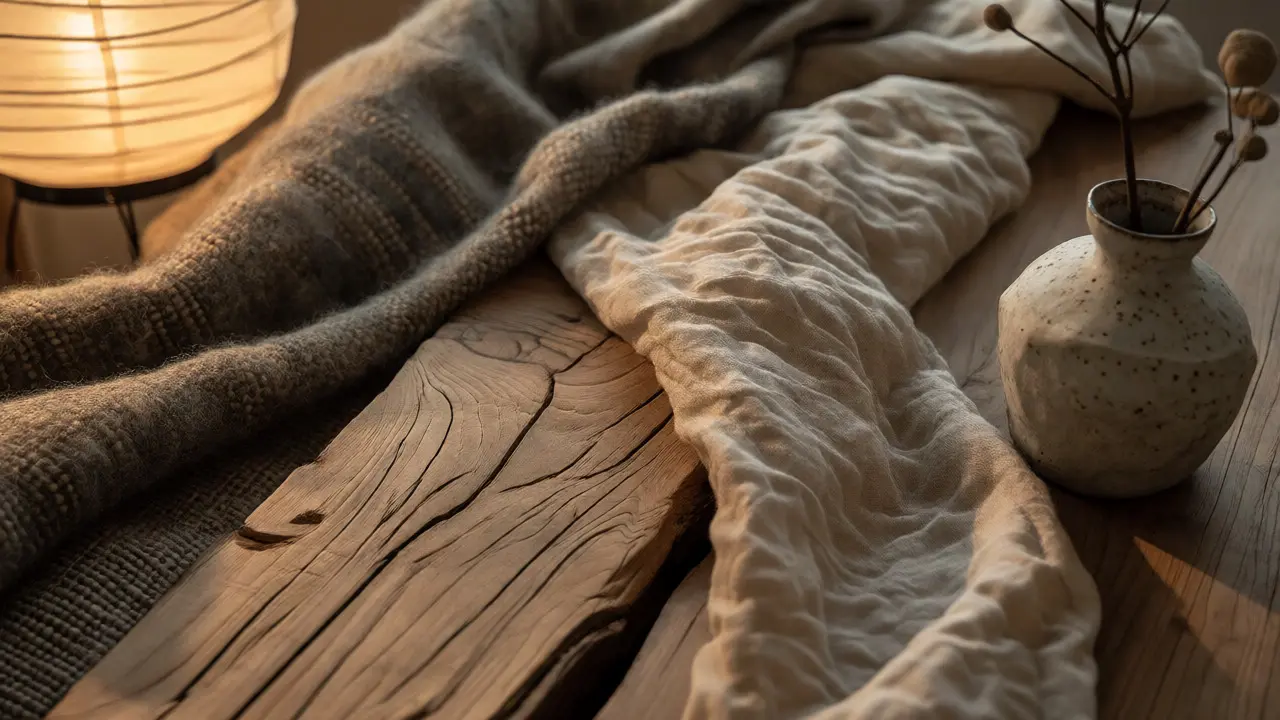 Detailaufnahme von unbehandeltem Holz und grober Wolle im Japandi-Stil