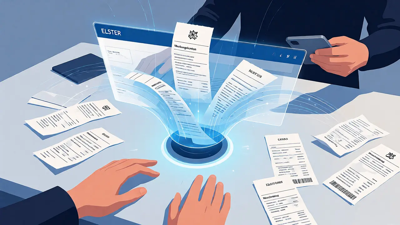 Digitale Darstellung der Online-Steuererklärung via ELSTER mit schwebenden Datenströmen.