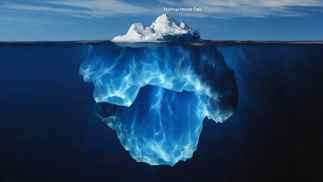 Eisberg-Illustration zeigt sichtbaren Sollzins über Wasser und große versteckte Kosten unter der Wasseroberfläche.