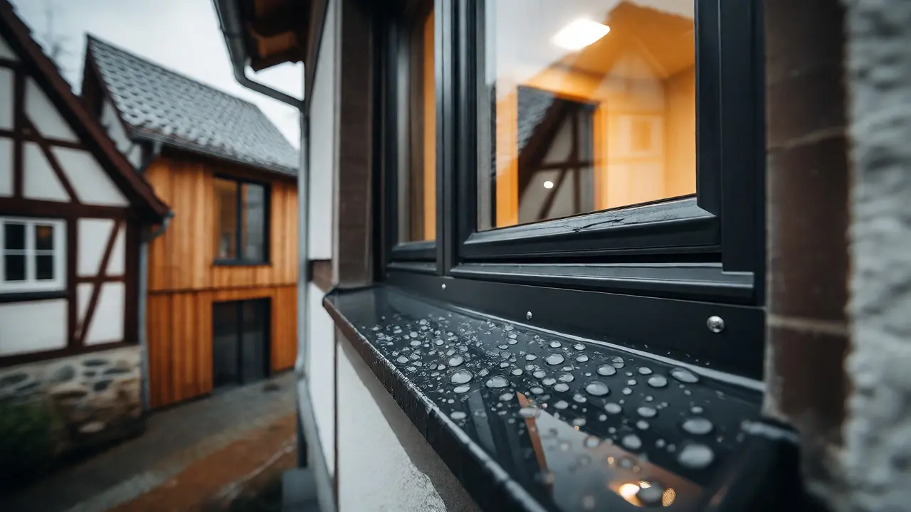 Fertig abgedichtetes Fenster an einer Fassade bei Regenwetter mit sichtbarer Wasserdichtigkeit.