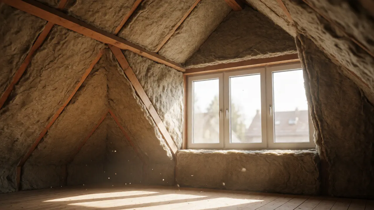 Gedämmter Dachboden mit hellem Fenster und Sonnenlicht