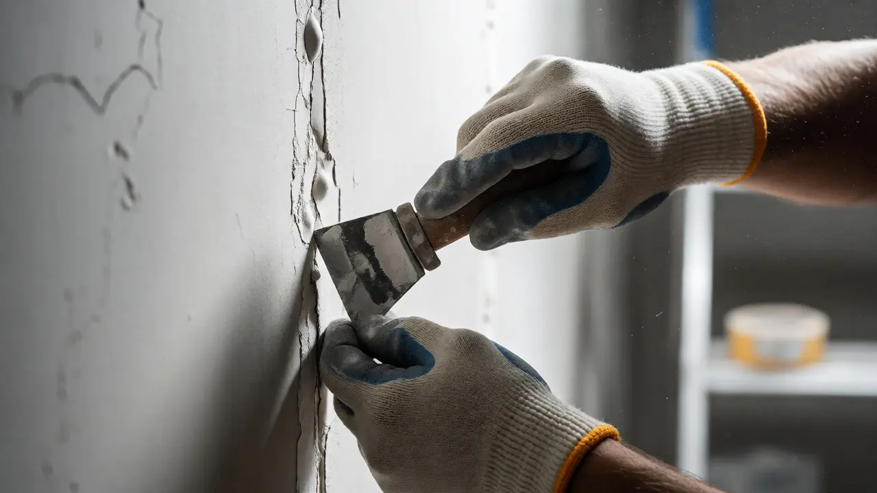 Hände korrigieren Risse im Trockenbau mit Spachtel