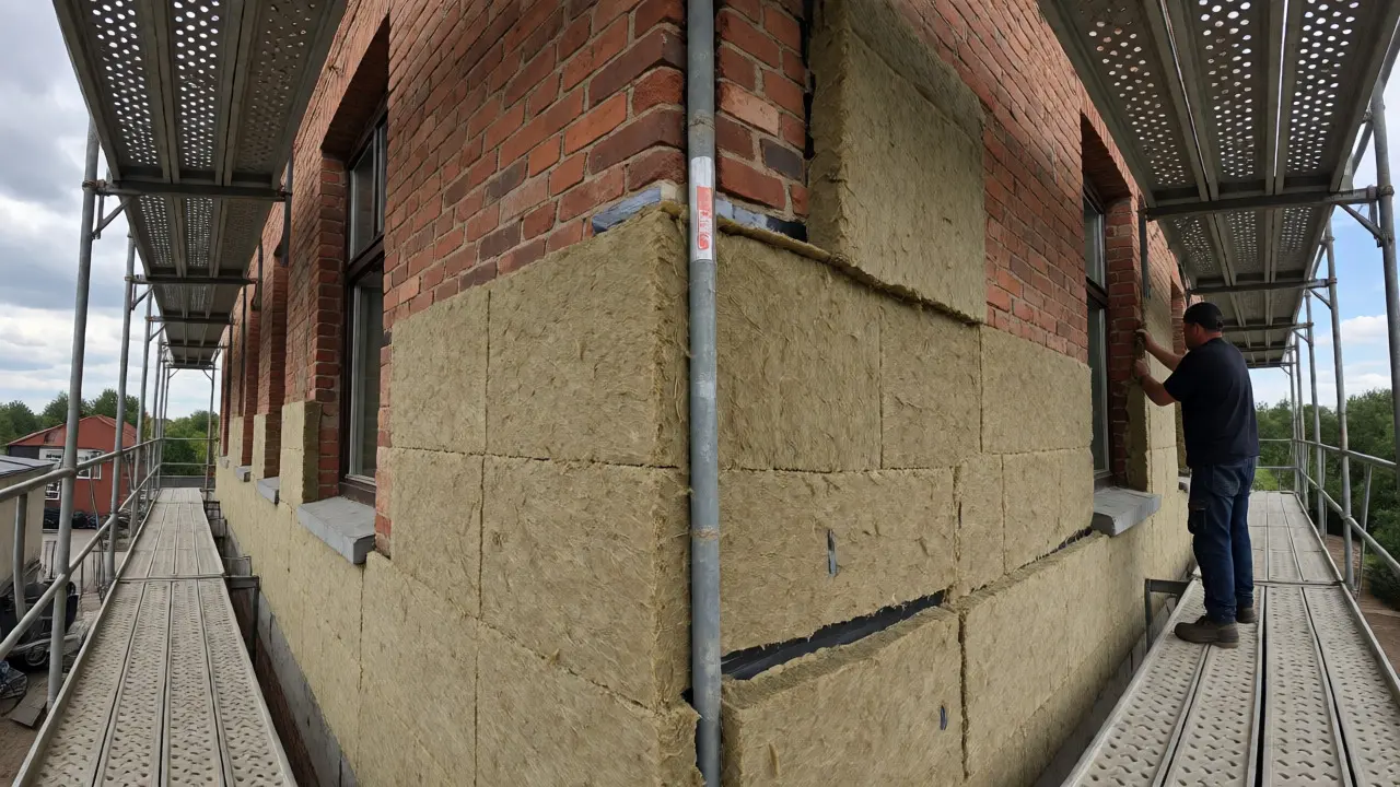 Handwerker dämmen die Außenfassade eines Hauses