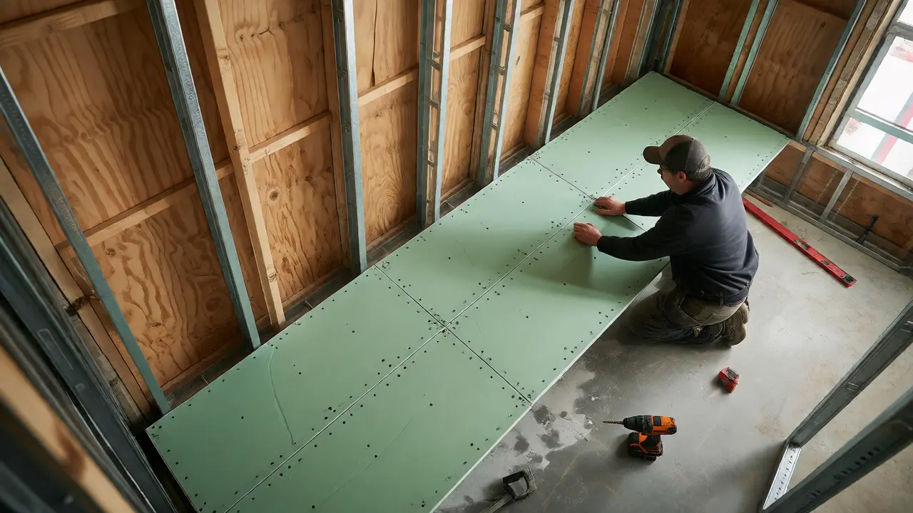 Handwerker montiert neue imprägnierte Gipskartonplatten auf das Metallständerwerk