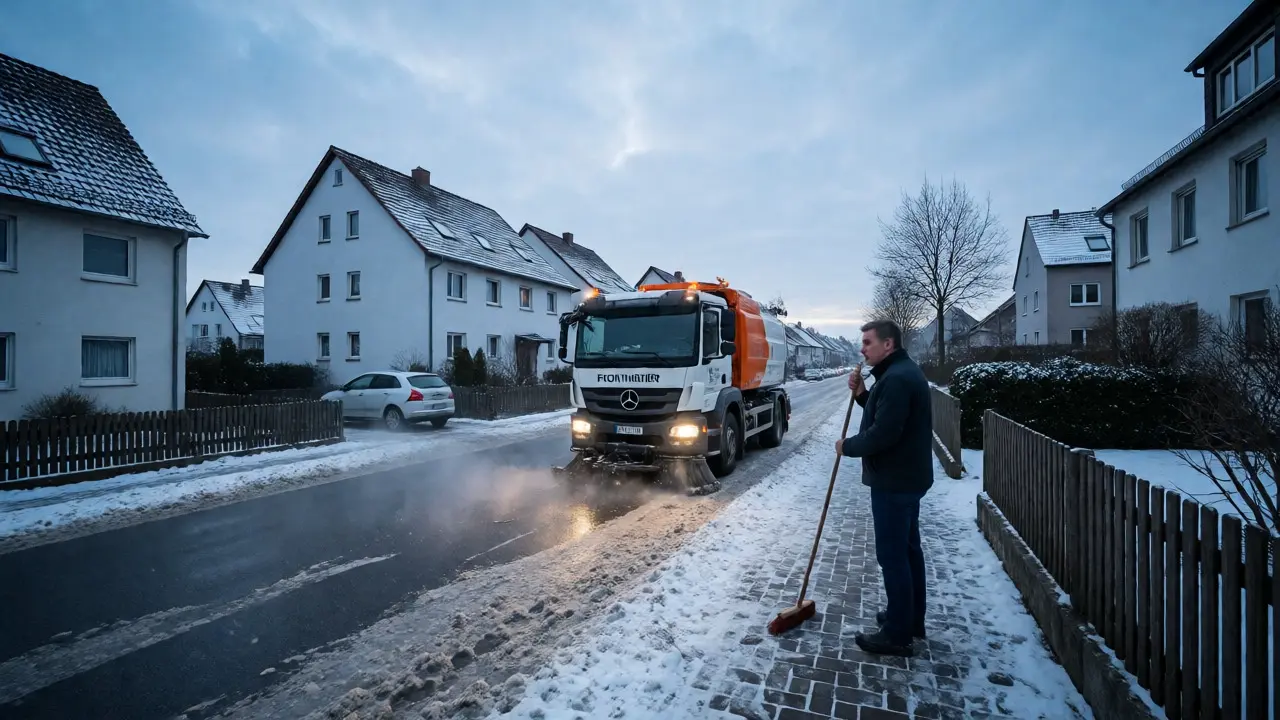 Hausbesitzer beobachtet städtischen Straßenkehrer im Winter vor seinem Grundstück.
