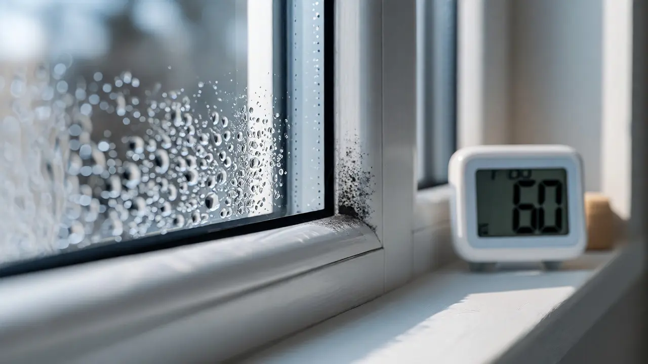 Hygrometer und sauberes Fenster ohne Schimmelbildung