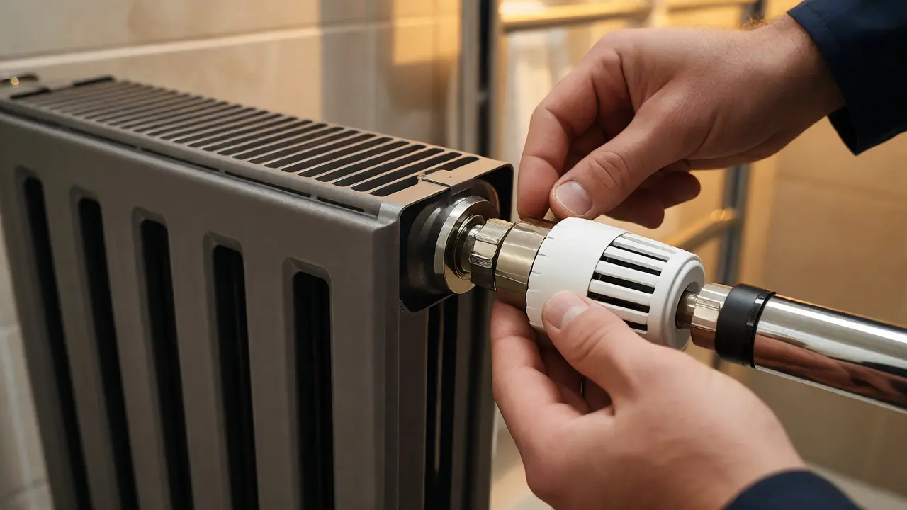 Installateur justiert Thermostatventil an einem Plattenheizkörper