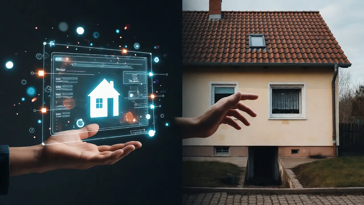 Konzeptbild: Digitaler Schätzwert versus reale Immobilie