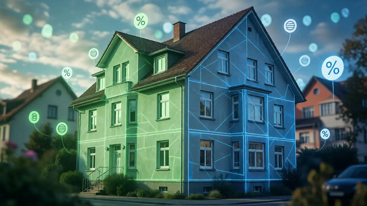 Konzeptionelle Visualisierung eines Mietshauses mit steuerlichen Absetzungen und Abschreibungen.