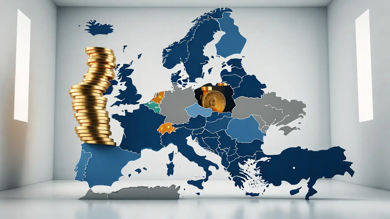 Konzeptuelle Darstellung von Stapeln Goldmünzen über EU-Landkarte