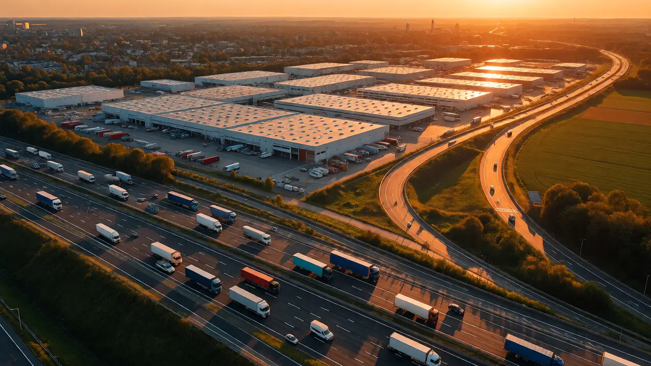 Luftaufnahme einer deutschen Autobahnabfahrt mit hohem LKW-Aufkommen zu Lagerhallen.