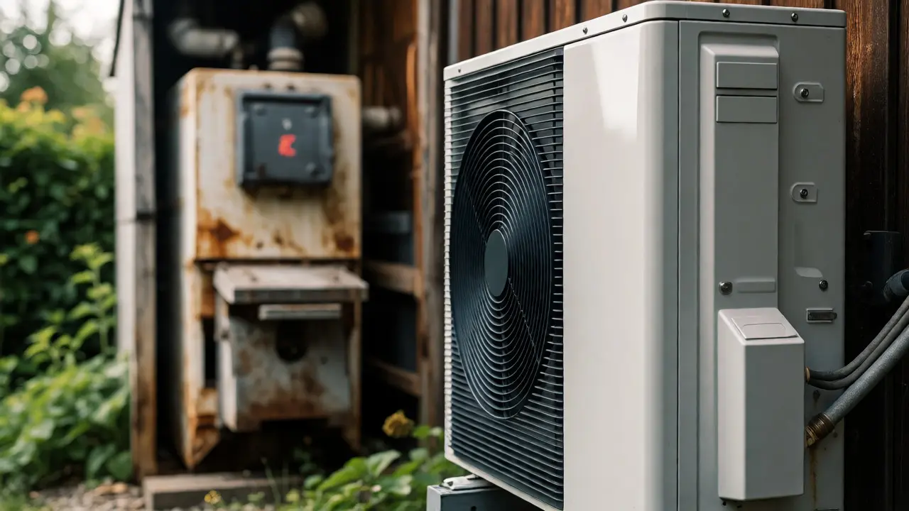 Moderne Wärmepumpe neben altem Ölkessel im Garten