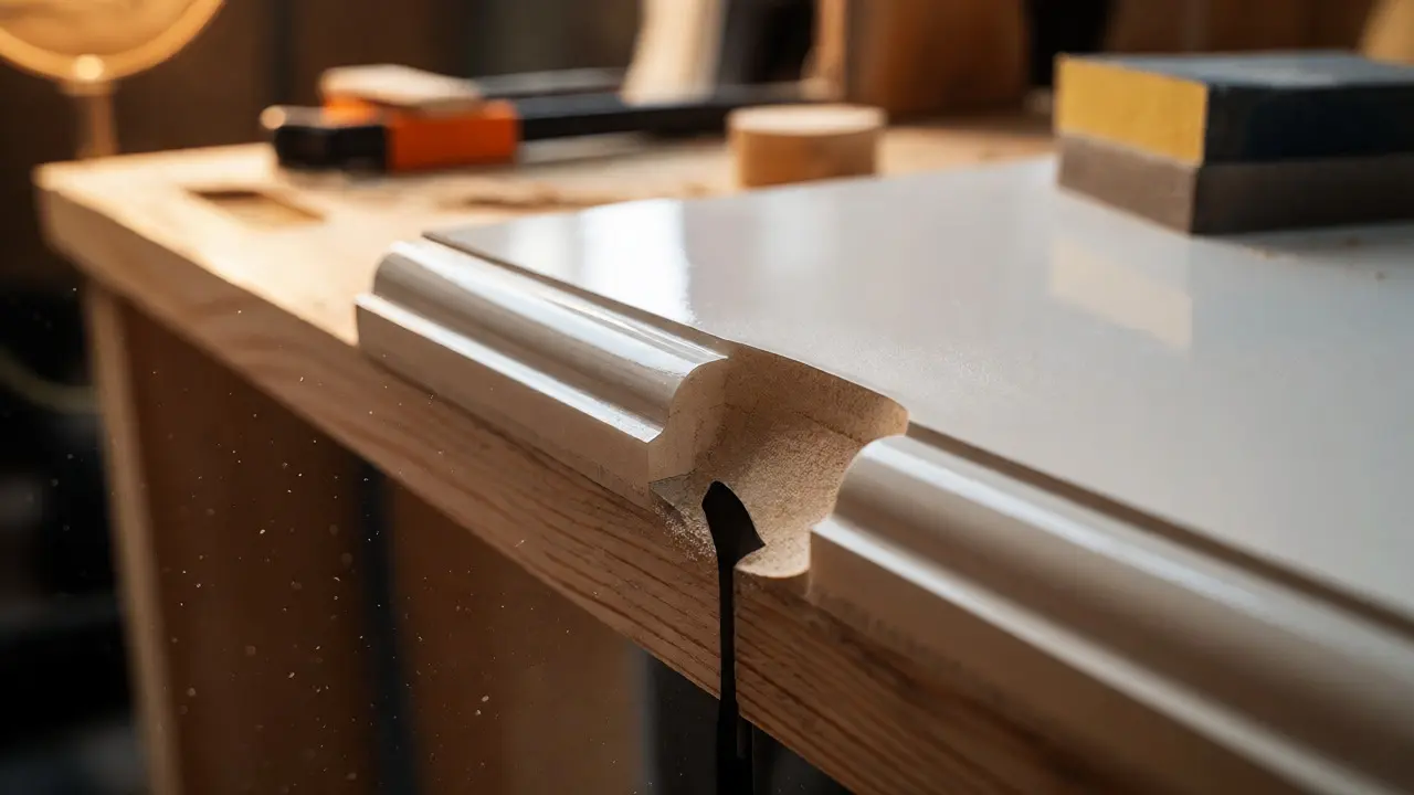 Nahaufnahme einer gefrästen Kante an einer weißen MDF-Platte