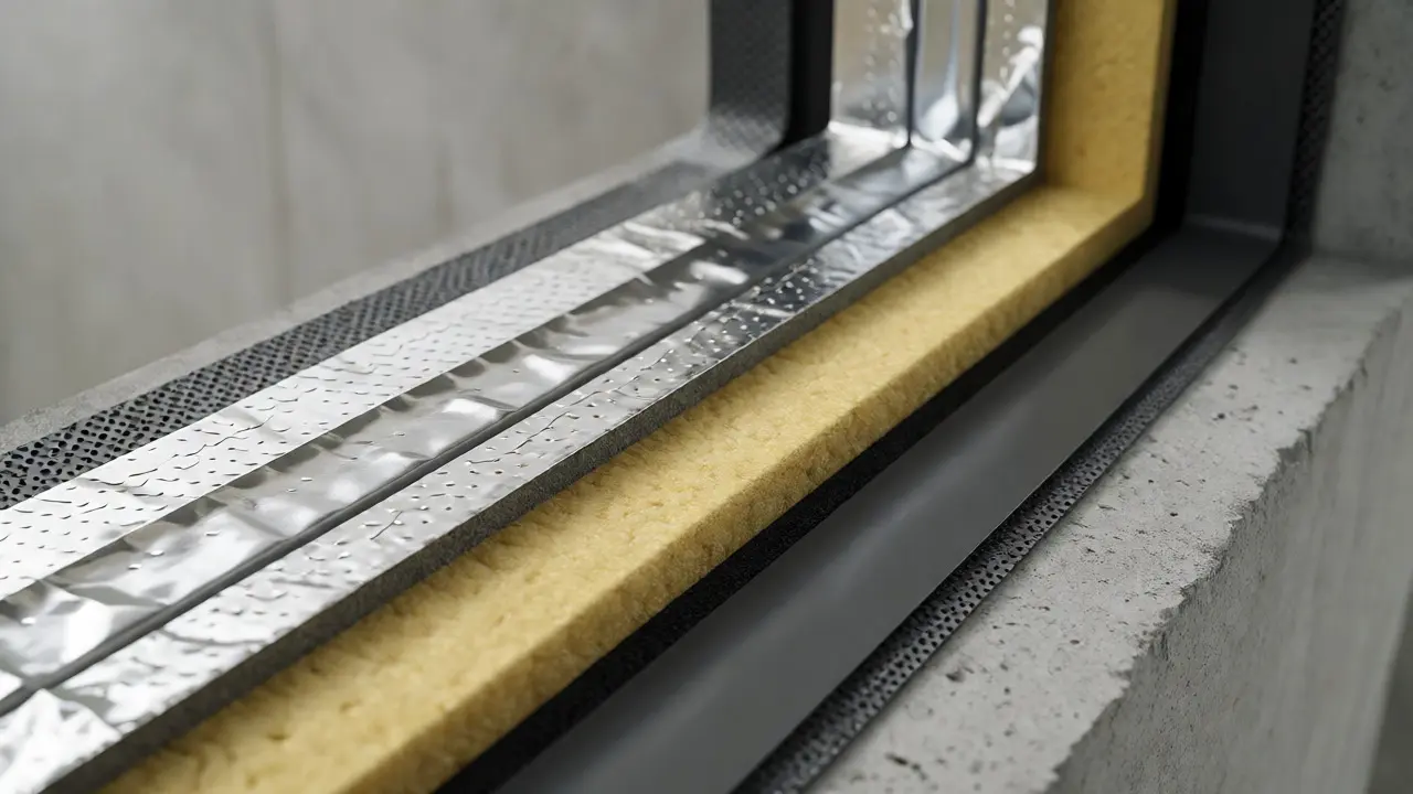 Querschnitt einer fachgerechten Fensterabdichtung mit Dampfbremse, Dämmung und Außenband.