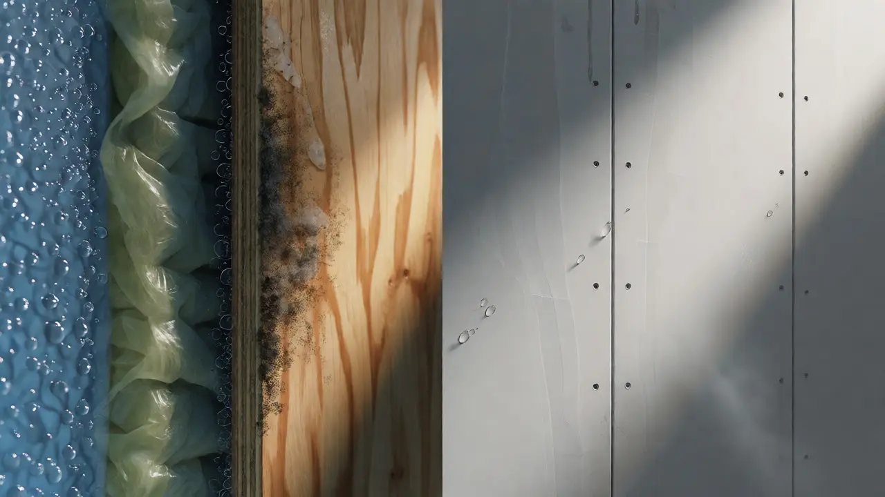 Querschnitt einer Wand zeigt Feuchteschäden hinter Sperrholz im Vergleich zu Gipskarton