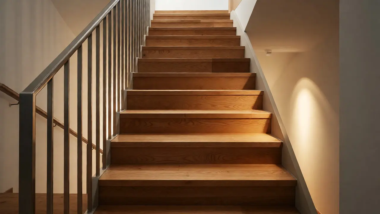 Renovierte moderne Treppe mit glatten Holzstufen und Geländer