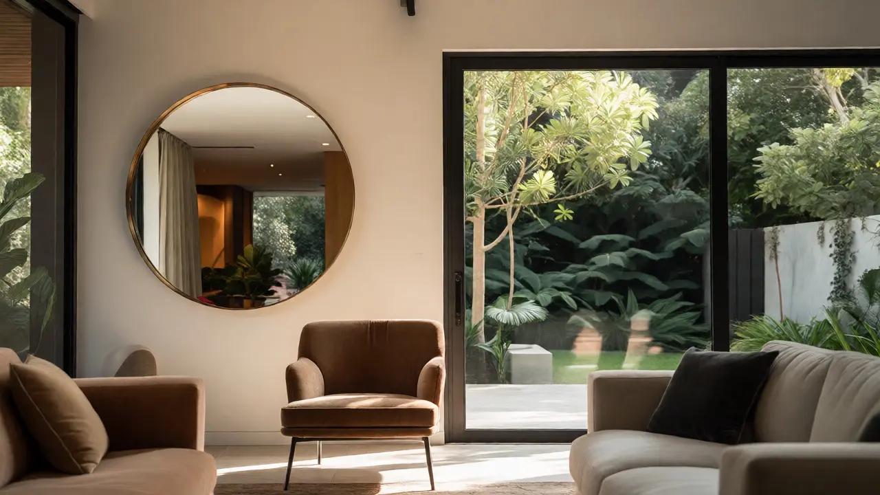 Runder Messingspiegel im Wohnzimmer reflektiert den grünen Garten im Hintergrund.