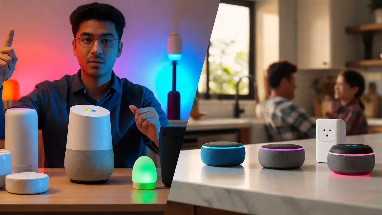 Vergleich von Google Home und Amazon Alexa Ökosystemen in verschiedenen Wohnräumen.